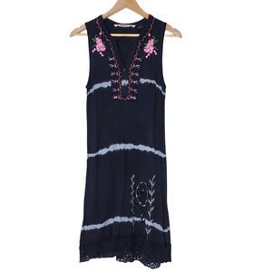 Desigual Size M Boho Embroidered Tank Dress Embellished Tie Dye Lace Trim V-Neck